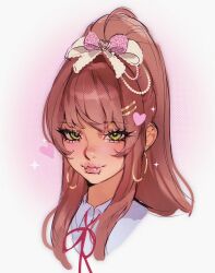  1girl blush doki_doki_literature_club face_piercing green_eyes gyaru head_only highres lip_piercing long_eyelashes long_hair long_sidelocks monika_(doki_doki_literature_club) noisykoala piercing shirt sidelocks solo white_background white_shirt 