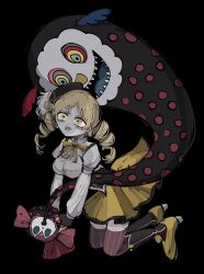  1girl black_background blonde_hair brown_thighhighs charlotte_(madoka_magica) commentary_request corset drill_hair fingerless_gloves full_body gloves hat highres long_hair long_sleeves magical_girl mahou_shoujo_madoka_magica open_mouth puffy_sleeves satou_uzura shirt simple_background striped_clothes striped_thighhighs thigh-highs tomoe_mami tomoe_mami_(magical_girl) twin_drills twintails vertical-striped_clothes vertical-striped_thighhighs white_shirt witch_(madoka_magica) yellow_eyes 