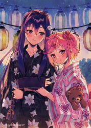  2girls :t absurdres arm_hug black_kimono blush closed_mouth commentary_request doki_doki_literature_club floral_print flower hair_between_eyes hair_flower hair_intakes hair_ornament hairclip highres holding hugging_object japanese_clothes kimono kinchaku lantern long_hair long_sleeves multiple_girls natsuki_(doki_doki_literature_club) night numbers_(pigpenandpaper) obi outdoors paper_lantern pink_hair pouch pout print_kimono purple_flower purple_hair red_eyes red_flower sash short_hair signature sky smile star_(sky) starry_sky striped_clothes striped_kimono stuffed_animal stuffed_toy summer_festival teddy_bear vertical-striped_clothes vertical-striped_kimono very_long_hair violet_eyes white_flower wide_sleeves yuri yuri_(doki_doki_literature_club) 