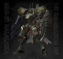  absurdres arm_shield artist_name assault_visor black_background camouflage commentary english_commentary english_text full_body grenade_launcher gun highres holding holding_gun holding_weapon kreuzer_00 large_variant_set lineart_zoom_layer machine_gun mecha mecha_focus mig-21_balalaika_(muv-luv) muv-luv muv-luv_alternative no_humans radio_antenna reactive_armor robot schwarzesmarken science_fiction spiked_shield standing tactical_surface_fighter underbarrel_grenade_launcher variant_set watermark weapon yellow_assault_visor 