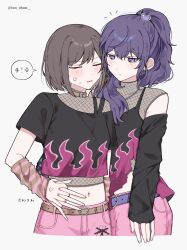  2girls annoyed asahina_mafuyu belt blush brown_eyes brown_hair commentary_request crop_top fishnet_top fishnets flame_print highres ioo_chan matching_outfits midriff multiple_girls navel panties pink_panties project_sekai purple_hair shinonome_ena short_hair side_ponytail standing underwear violet_eyes 