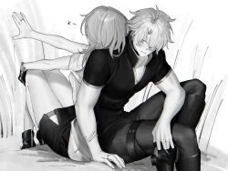  1boy 1girl absurdres antenna_hair arm_up back-to-back blush boots breasts choker closed_mouth collared_shirt commentary crossed_bangs day feet_out_of_frame fingernails from_behind gloves greyscale hair_over_one_eye hetero high_collar high_heel_boots high_heels highres honkai:_star_rail honkai_(series) husband_and_wife ieririr jewelry long_hair looking_at_another looking_back medium_breasts miniskirt monochrome musical_note outdoors pants phainon_(honkai:_star_rail) ring shirt short_hair signature sitting skirt sky smile stelle_(honkai:_star_rail) t-shirt thigh_strap trailblazer_(honkai:_star_rail) untranslatable_commentary wedding_ring weeds 
