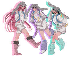  3girls absurdres animal_ear_headwear baseball_cap black_hair boots braid breasts brown_eyes earrings fur-trimmed_boots fur_boots fur_trim grey_hat hat highres hoop_earrings huntrix jewelry knee_boots kpop_demon_hunters long_hair low_twin_braids medium_breasts medium_hair mira_(kpop_demon_hunters) multiple_girls newjeans one_eye_closed open_mouth pinkteest purple_hair red_hair red_lips rumi_(kpop_demon_hunters) shirt short_shorts shorts smile stuffed_toy twin_braids very_long_hair w white_shirt zoey_(kpop_demon_hunters) 