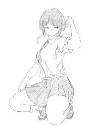  1girl :/ absurdres arm_up audio_jack black_eyes black_hair blunt_bangs boku_no_hero_academia collared_shirt commentary_request diagonal_bangs faux_traditional_media full_body hatching_(texture) highres jiro_kyoka linear_hatching loafers long_earlobes looking_to_the_side monochrome necktie pleated_skirt school_uniform serious shirt shoes short_hair short_sleeves sidelocks simple_background sketch skirt socks solo squatting u.a._school_uniform user_whzn7858 white_background white_shirt white_socks wing_collar 