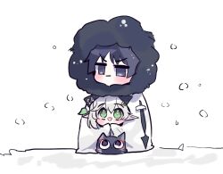  1boy 1girl animalization black_cat black_eyes black_hair black_hood blunt_ends blush bright_pupils cat choppy_bangs closed_mouth coat cross-shaped_pupils fatui_coat fur_hood genshin_impact green_eyes hair_ornament height_difference hood hood_up hooded_coat leaf leaf_hair_ornament looking_at_another looking_to_the_side nahida_(genshin_impact) open_mouth outdoors person_and_animalization pointy_ears scaramouche_(cat)_(genshin_impact) scaramouche_(genshin_impact) scaramouche_(harbinger)_(genshin_impact) shared_clothes shitsu_(kurikaesi) snowing symbol-shaped_pupils tareme triangle_mouth v-shaped_eyebrows white_background white_coat white_hair white_pupils 