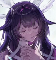  1girl 1other black_hair close-up closed_eyes columbina_(genshin_impact) commentary em_(ewmi) genshin_impact head_wings holding_hands long_hair simple_background untranslatable_commentary white_background wings 