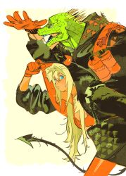 1boy 1girl alternate_costume arm_up atie1225 bag black_bag black_hood black_jacket black_skirt blonde_hair blue_eyes blue_teeth caiman_(dorohedoro) carrying_over_shoulder closed_mouth colored_sclera colored_skin colored_teeth cowboy_shot demon_horns demon_tail dorohedoro from_side gloves green_skin handbag highres horns jacket kikumon long_hair long_sleeves looking_afar looking_to_the_side messy_hair nikaidou_(dorohedoro) open_mouth orange_gloves orange_horns orange_shirt partial_transformation pencil_skirt scales sharp_teeth shirt shoulder_strap simple_background single_bare_leg skirt sleeves_pushed_up spikes spray_can tail teeth torn_clothes uroko_(pattern) wagara walking white_background yellow_background yellow_sclera 
