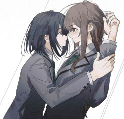  2girls black_eyes black_hair blush braid brown_eyes brown_hair collared_shirt commentary eye_contact green_necktie grey_jacket half_up_braid highres holding_another's_wrist jacket long_hair looking_at_another medium_hair miyagi_shiori multiple_girls necktie parted_lips sasagawa_yuki school_uniform sendai_hazuki shirt shuuniichido_classmate_wo_kau_hanashi simple_background white_background white_shirt yuri 