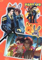  2boys animal_ears black_necktie brown_hair chinese_commentary coconut coconut_cup commentary_request fox_ears fruit_as_cup full_body hawaiian_shirt heathcliff_(project_moon) highres judy_hopps killerohan limbus_company male_focus meursault_(project_moon) multiple_boys multiple_views necktie nick_wilde open_mouth orange_background project_moon rabbit_ears shirt shutter_shades simple_background smile sunglasses sword violet_eyes weapon zootopia zwei_association_south_(identity)_(project_moon) zwei_association_south_uniform zweihander 