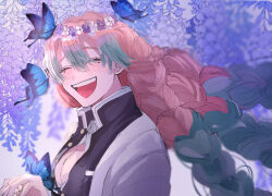  1girl braid bug butterfly closed_eyes commentary_request demon_slayer_uniform grey_hair head_wreath highres kanroji_mitsuri kimetsu_no_yaiba long_hair open_mouth pink_hair siro46497 solo upper_body 