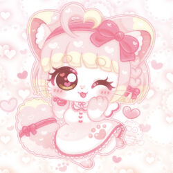  1girl :3 :d ;3 ;d ahoge animal_ear_fluff animal_ears blunt_bangs bob_cut bow bow_hairband braid breasts brown_eyes cat_ears cat_girl cat_tail chibi chibi_only chibikemo commentary_request digitigrade dress furry furry_female hair_bow hairband heart heart_ahoge heart_in_eye highres jumping medium_breasts one_eye_closed original pastel_colors paw_print pink_hair red_bow red_hairband shizucha short_hair side_braid smile solo symbol_in_eye tail tail_bow tail_ornament whiskers white_dress yume_kawaii 