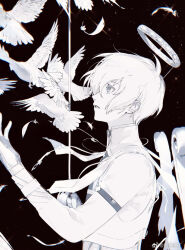  1boy arknights bird black_background chinese_commentary commentary_request dove fake_halo floating_clothes from_side gloves halo hand_up long_sleeves looking_up male_focus monochrome official_artist_extra parted_lips persona persona_3 profile short_hair solo upper_body watermark weibo_watermark yuan_quanquan_ren yuuki_makoto_(in_witness_of_glory)_(persona_3) yuuki_makoto_(persona_3) 