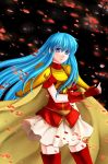  1girl 74 armor armored_dress black_background blue_eyes blue_hair cape eirika fingerless_gloves fire_emblem fire_emblem:_seima_no_kouseki gloves petals red_gloves red_legwear rose_petals skirt thigh-highs white_skirt 