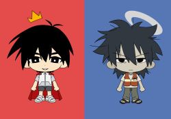  2boys black_eyes black_hair black_shorts bright_pupils cape chibi chibi_only chinese_commentary commentary_request crown false_memory gold_crown green_pants grey_shirt guan_chao_(false_memory) halo high-visibility_clothing high-visibility_vest high_collar highres male_focus mini_crown multiple_boys pants protagonist_halo red_cape sandals shirt shoes short_sleeves shorts simple_background slides sneakers sweat tail tear_troughs vest white_background white_pupils white_shirt white_shoes wozhishiyizhizaifadou 