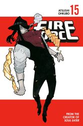  1boy artist_name black_hair black_hat black_pants black_shoes black_vest bracelet card cigarette copyright_name cover cover_page en'en_no_shouboutai english_text fedora fire floating full_body grey_eyes hair_over_one_eye hat highres jewelry joker_(en'en_no_shouboutai) long_hair neckerchief non-web_source numbered official_art ohkubo_atsushi pants parted_lips playing_card pyrokinesis red_background red_neckerchief shirt shoes smoke smoking solo stitched_clothes stitches teeth two-tone_background vest white_background white_shirt 