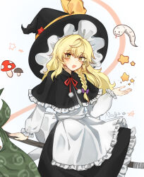  1girl :d absurdres apron back_bow black_capelet black_hat black_skirt blonde_hair bow braid broom broom_riding capelet chinese_commentary commentary_request frilled_capelet frilled_skirt frills hair_bow hat highres kirisame_marisa long_hair long_sleeves looking_at_viewer mushroom nagi_(pixiv_108409221) neck_ribbon open_mouth purple_bow red_ribbon ribbon side_braid signature single_braid skirt smile star_(symbol) touhou waist_apron white_apron white_bow witch_hat yellow_eyes 