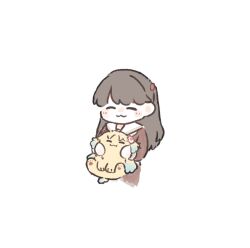  1girl :3 animal animal_with_hair animalization ao_kaeru blush brown_dress brown_hair closed_eyes commentary_request dog dress fujishima_megumi hasu_no_sora_school_uniform highres holding holding_animal holding_dog long_sleeves love_live! love_live!_hasu_no_sora_jogakuin_school_idol_club mira-cra_park! osawa_rurino sailor_collar sailor_dress school_uniform simple_background smile virtual_youtuber white_background white_sailor_collar yellow_dog 