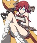  1girl a.b.a aka_(s3637) bandaged_arm bandages bare_shoulders black_gloves blue_eyes chain frown gloves guilty_gear guilty_gear_xx key paracelsus redhead short_hair simple_background sitting solo white_background 