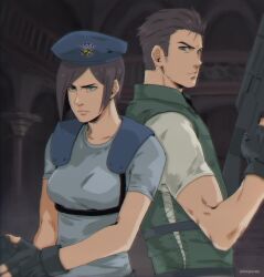  1boy 1girl back-to-back beret black_gloves blue_eyes blue_hat blue_shirt chris_redfield commentary english_commentary fingerless_gloves gloves gun hat highres holding holding_gun holding_weapon jill_valentine resident_evil resident_evil_1 shirt shotgun tirtyturtle weapon 