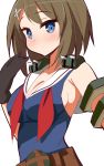  1girl 9law blue_eyes blush breasts brown_hair hair_ornament hairclip highres kantai_collection maya_(kantai_collection) short_hair simple_background solo white_background 