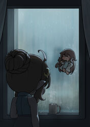  2girls absurdres ahoge amelia_(r41)_(trickcal) amelia_(trickcal) black_skirt blonde_hair blue_shirt chibi chibi_only coffee_mug crescent crescent_hair_ornament cup elena_(trickcal) hair_ornament hakuna_(korhape) highres lab_coat long_hair mug multiple_girls pointy_ears rain shirt skirt sleeveless sleeveless_turtleneck tears trickcal turtleneck window yearning_(trickcal) 