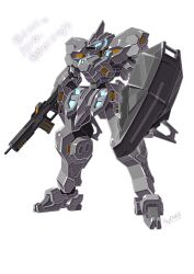  absurdres artist_name assault_visor blue_assault_visor commentary_request commission full_body gun heyzan highres holding holding_gun holding_shield holding_weapon machine_gun mecha mecha_focus no_humans original robot science_fiction second-party_source shield signature simple_background single_mechanical_horn standing weapon white_background 