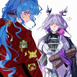  2girls ? arknights blue_eyes blue_hair breasts chen_che_(arknights) chinese_commentary closed_mouth colored_extremities commentary_request dragon_girl dragon_horns earrings eastern_dragon_horns highres holding horns jacket jewelry jun_(arknights) leizi_(arknights) long_hair looking_at_viewer looking_back multiple_girls pointy_ears pom_pom_(clothes) pom_pom_earrings profile purple_hair red_jacket simple_background spoken_question_mark sticker sunle sweatdrop upper_body violet_eyes white_background 