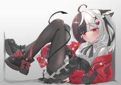  1girl absurdres ahoge black_bow black_choker black_hair black_pantyhose black_shoes blush bow choker closed_mouth collared_shirt commentary_request crime_xiaolun demon_girl demon_tail drink_carton hair_bow hair_ornament heart heart_hair_ornament highres holding holding_drink_carton jacket juice lacrimosa_(nte) long_hair looking_at_viewer multicolored_hair neverness_to_everness pantyhose red_eyes red_jacket red_streaks shirt shoes solo split-color_hair streaked_hair tail tail_around_own_leg tomato_juice twintails two-tone_hair white_hair white_shirt x_hair_ornament 