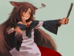  1girl animal_ears brooch brown_hair chabi_(amedama) dress fang fingernails frown frustrated fur hair_brush hand_mirror imaizumi_kagerou jewelry long_hair mirror red_eyes solo touhou wolf_ears 