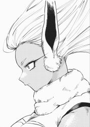  1girl 9_gopy :| animal_ears bare_shoulders boku_no_hero_academia breasts closed_mouth crescent_print expressionless floating_hair from_side fur_collar grey_hair highres large_breasts leotard long_eyelashes long_hair looking_ahead mirko monochrome portrait rabbit_ears rabbit_girl solo taut_leotard 