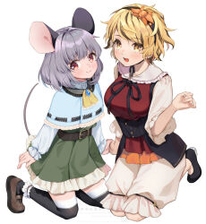  2girls alternate_costume animal_ears ari_don ascot belt black_ribbon black_shoes black_streaks black_thighhighs blonde_hair blue_capelet blush brown_belt brown_shoes capelet closed_mouth commentary_request dowsing_rod dress frilled_dress frills green_dress grey_capelet grey_hair highres holding_hands kneeling loafers long_sleeves looking_at_viewer mouse_ears mouse_girl mouse_tail multicolored_hair multiple_girls nazrin neck_ribbon open_mouth pants red_eyes red_vest ribbon shirt shoes simple_background smile streaked_hair tail thigh-highs toramaru_shou touhou vest white_background white_pants white_shirt wide_sleeves yellow_ascot yellow_eyes 