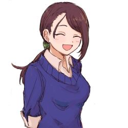  1girl :d black_hair blush breasts collared_shirt commentary_request earrings idolmaster idolmaster_cinderella_girls jewelry low_ponytail open_mouth ponytail scrunchie shirt smile solo sweater_vest swept_bangs user_cnzw5333 white_background yamato_aki 