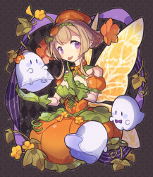  1girl blonde_hair breasts dress fairy fairy_wings fire_emblem fire_emblem_heroes ghost gloves green_gloves grey_background haconeri halloween halloween_costume hat looking_at_viewer medium_breasts official_alternate_costume orange_dress orange_hat peony_(fire_emblem) peony_(fruitful_dream)_(fire_emblem) plant_hair pointy_ears pumpkin_hat smile tongue tongue_out violet_eyes wings 