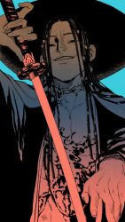  1boy aqua_background evil_grin evil_smile grin half-closed_eyes highres holding holding_sword holding_weapon japanese_clothes katana kimono limited_palette long_hair looking_at_viewer male_focus matheus_santos onimusha onimusha:_way_of_the_sword open_clothes open_kimono sasaki_ganryu_(onimusha) simple_background smile smug solo sword upper_body weapon 