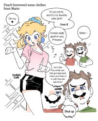  1girl 2boys black_shorts blonde_hair blue_eyes brown_hair earrings english_text facial_hair green_shirt high_ponytail highres jewelry long_hair luigi mario multiple_boys mustache pink_shirt ponytail princess_peach red_shirt shirt short_sleeves shorts smile ssuregigame super_mario_bros. t-shirt 