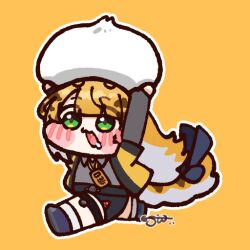  1girl animal_ear_fluff animal_ears arms_up blonde_hair blush bow chibi colored_inner_hair commentary_request food full_body green_eyes holding holding_food jacket ju_fufu korean_commentary long_hair multicolored_hair open_mouth saliva shirt shorts simple_background siu_(esiu3891) solo striped_fur striped_hair tail tail_bow tail_ornament thigh_strap tiger_ears tiger_girl tiger_stripes tiger_tail white_hair yellow_background yellow_jacket zenless_zone_zero 