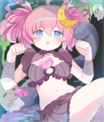  1girl :3 amai_(pixiv_69446138) bandaged_arm bandages bemani blue_eyes blush bra crescent crescent_hair_ornament frilled_bra frilled_skirt frills ghost hair_between_eyes hair_ornament hair_ribbon heart heart-shaped_pupils highres open_mouth paw_pose pink_hair ribbon skirt snake solo sound_voltex symbol-shaped_pupils twintails underwear wonderful_love-chan 
