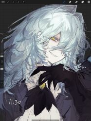  1girl absurdres angela_(project_moon) art_program_in_frame ascot black_ascot black_background blue_hair chinese_commentary claws commentary_request dated eyes_visible_through_hair grid_background grin hair_intakes hair_over_one_eye highres library_of_ruina long_hair looking_at_viewer messy_hair procreate_(medium) project_moon shirt simple_background smile solo upper_body very_long_hair wenug white_shirt yellow_eyes 