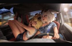  absurdres animal_ear_fluff animal_ears blonde_hair blue_eyes breasts car commentary dooby driving english_commentary eyewear_on_head flat_chest goggles goggles_on_head green_eyes highres holding holding_phone indie_virtual_youtuber kokono_ka medium_breasts motor_vehicle multicolored_hair navel one_eye_closed open_window phone sameko_saba selfie shark shirt shorts smile streaked_hair white_hair window 
