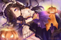  1girl animal_ears black_gloves blue_flower blue_rose blush bow brown_hair closed_mouth flipped_hair flower frilled_hairband frills frown gloves hair_over_one_eye hairband highres horse_ears horse_girl jack-o'-lantern jack-o'-lantern_ornament long_hair looking_at_viewer lying official_alternate_costume on_stomach puffy_short_sleeves puffy_sleeves rice_shower_(umamusume) rice_shower_(vampire_makeover!)_(umamusume) rose shirt short_sleeves skirt solo tanuki_maisnam umamusume variant_set violet_eyes white_shirt wings 