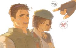  1girl 2boys albert_wesker anger_vein bandaid bandaid_on_cheek bandaid_on_face bandaid_on_forehead beret blue_eyes brown_eyes brown_hair bruise bruise_on_face chris_redfield commentary english_commentary fingerless_gloves furrowed_brow gloves green_hat green_vest hat highres injury jill_valentine laughing looking_at_another multiple_boys open_mouth parted_bangs pointing pointing_at_another resident_evil resident_evil_1 short_hair sorasandwich spoken_anger_vein sunglasses sweat vest white_background 