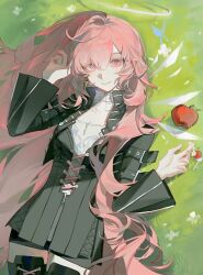  1girl absurdres apple arknights black_jacket black_shorts chinese_commentary closed_mouth commentary_request cowboy_shot detached_wings food fruit grass halo hand_up highres jacket lemuen_(arknights) long_hair long_sleeves looking_at_viewer lying on_back on_ground outdoors pink_eyes pink_hair sanhao_tanshui shorts smile solo traditional_halo very_long_hair wings 