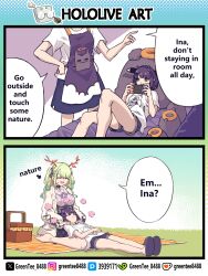  3girls =_= ^_^ absurdres apron aqua_hair branch ceres_fauna ceres_fauna_(jirai_kei) character_doll closed_eyes doll hand_on_own_hip highres hololive hololive_english lap_pillow long_hair medium_hair multiple_girls ninomae_ina'nis ninomae_ina'nis_(loungewear) nintendo_switch open_mouth picnic_basket picnic_blanket pointy_ears pun purple_hair sitting skirt smile takodachi_(ninomae_ina'nis) two_side_up virtual_youtuber wariza zetsuental 