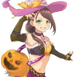  1girl black_hair breasts choker commentary_request earrings fingerless_gloves gloves green_eyes halloween_costume hat idolmaster idolmaster_cinderella_girls jack-o'-lantern jewelry large_breasts low_ponytail navel ponytail smile solo star_(symbol) star_earrings swept_bangs user_cnzw5333 white_background witch_hat yamato_aki 