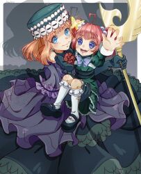  2girls absurdres aunt_and_niece black_bow black_gloves black_hat black_skirt blue_eyes blunt_bangs bow capelet carrying carrying_person dress dress_bow drop_shadow eva_beatrice flower frilled_capelet frilled_socks frills gloves green_dress grey_background grin hair_bobbles hair_ornament hat highres holding holding_staff juliet_sleeves long_sleeves looking_at_viewer mary_janes multiple_girls orange_hair outside_border outstretched_hand puffy_sleeves purple_capelet purple_dress red_flower red_rose rose shoes short_twintails signature skirt smile socks spoilers staff teeth twintails umineko_no_naku_koro_ni ushiromiya_ange ushiromiya_ange_(young) violet_eyes zucchinidraws 