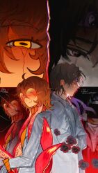  1boy 1girl antil1qu3 black_eyes black_hair brown_hair coat english_commentary glasses highres looking_at_viewer minecraft_youtube open_clothes open_coat orange-tinted_eyewear orange_sweater round_eyewear short_hair squiddo sweater tinted_eyewear turtleneck turtleneck_sweater white_coat wifies yellow_eyes 
