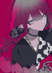  1girl absurdres baobhan_sith_(fate) baobhan_sith_(over_the_same_sky)_(fate) black_kimono braid commentary earrings english_commentary fate/grand_order fate_(series) floral_print grey_eyes highres japanese_clothes jewelry kimono looking_at_viewer minmin2563 pink_hair sharp_teeth sidelocks single_braid solo teeth 