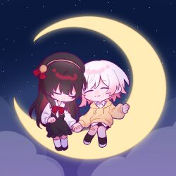  2girls bandaid bandaid_on_leg beret black_dress black_hair black_hat black_shoes black_shorts black_socks bow bowtie chibi closed_eyes collared_shirt commentary commission dress fang gradient_hair hat holding_hands hood hoodie long_hair mahou_shoujo_no_majo_saiban multicolored_hair multiple_girls night nikaido_hiro on_crescent pink_hair red_bow red_bowtie sakuraba_ema second-party_source shirt shoes short_hair shorts sky smile socks touming_jun white_hair white_shirt white_shoes white_sleeves white_socks yellow_hoodie yuri 