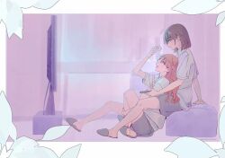  2girls between_legs black_hair black_shorts black_slippers commentary_request controller feeding holding holding_controller holding_remote_control indoors lara_(sayonara_lara) long_hair mou_liang multiple_girls ootsu_mari open_mouth profile red_hair remote_control sayonara_lara shirt short_hair shorts sitting slippers smile watching_television white_shirt yuri 