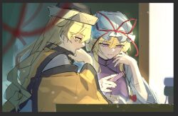  2girls blonde_hair bow brown_hat commentary_request detached_sleeves dress hair_bow hat hat_ribbon hem_(pixiv_128161793) long_hair long_sleeves matara_okina mob_cap multiple_girls orange_sleeves orange_tabard purple_tabard red_bow red_ribbon ribbon tabard touhou unfinished violet_eyes white_dress white_hat wide_sleeves yakumo_yukari yellow_eyes 